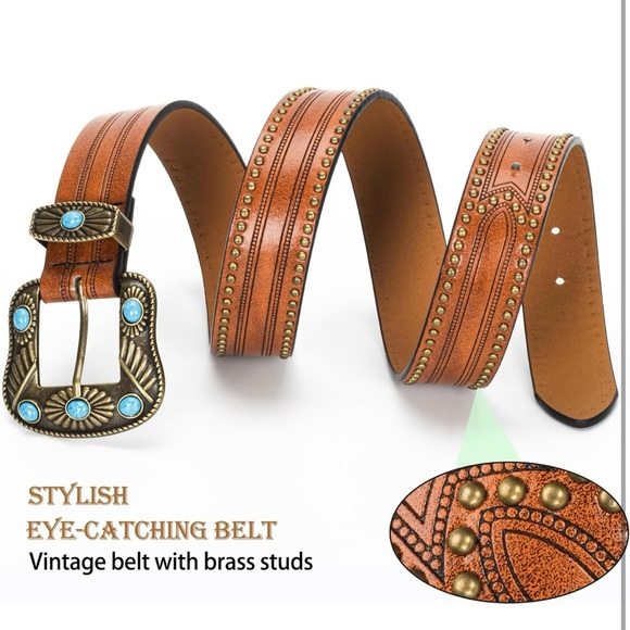 Western-Leather-Belts-Women Vintage Waist-Belts with Hollow Out Flower Buckle… - Picture 3 of 7